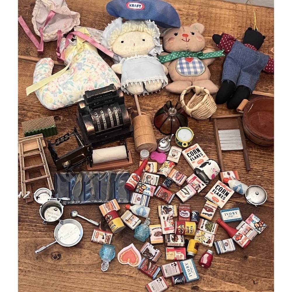 35 pc Lot Vintage Shackman Dollhouse pantry mini foods Sewing Tools Register
